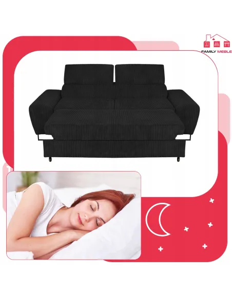 Sofa Savio sort sammet med justerbart nakkestøtte og sovefunktion